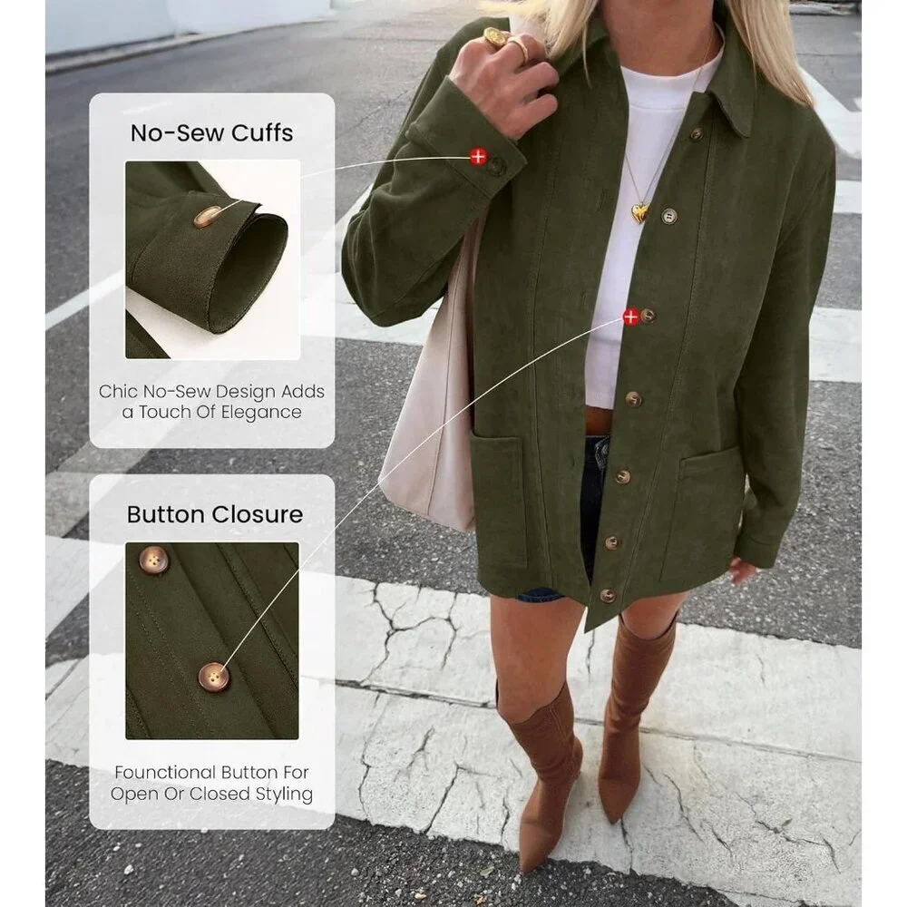 Women's Faux Leather Long Sleeve Green Button Down Jackets Coats Outerwear - Picture 4 of 6